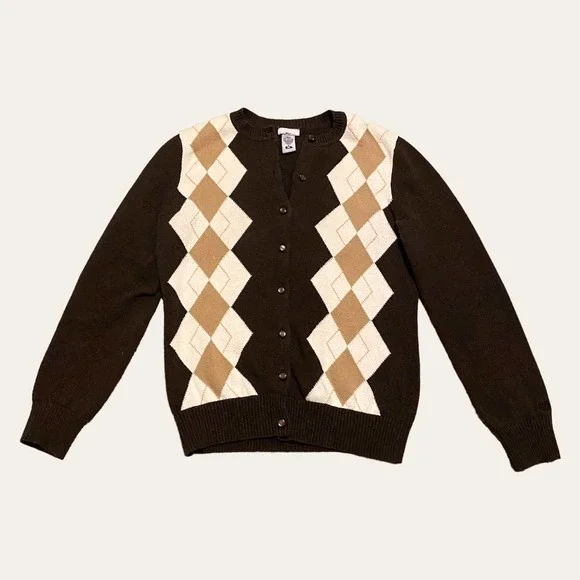 IZOD Golf Preppy Y2K Brown Argyle Cardigan Sweater